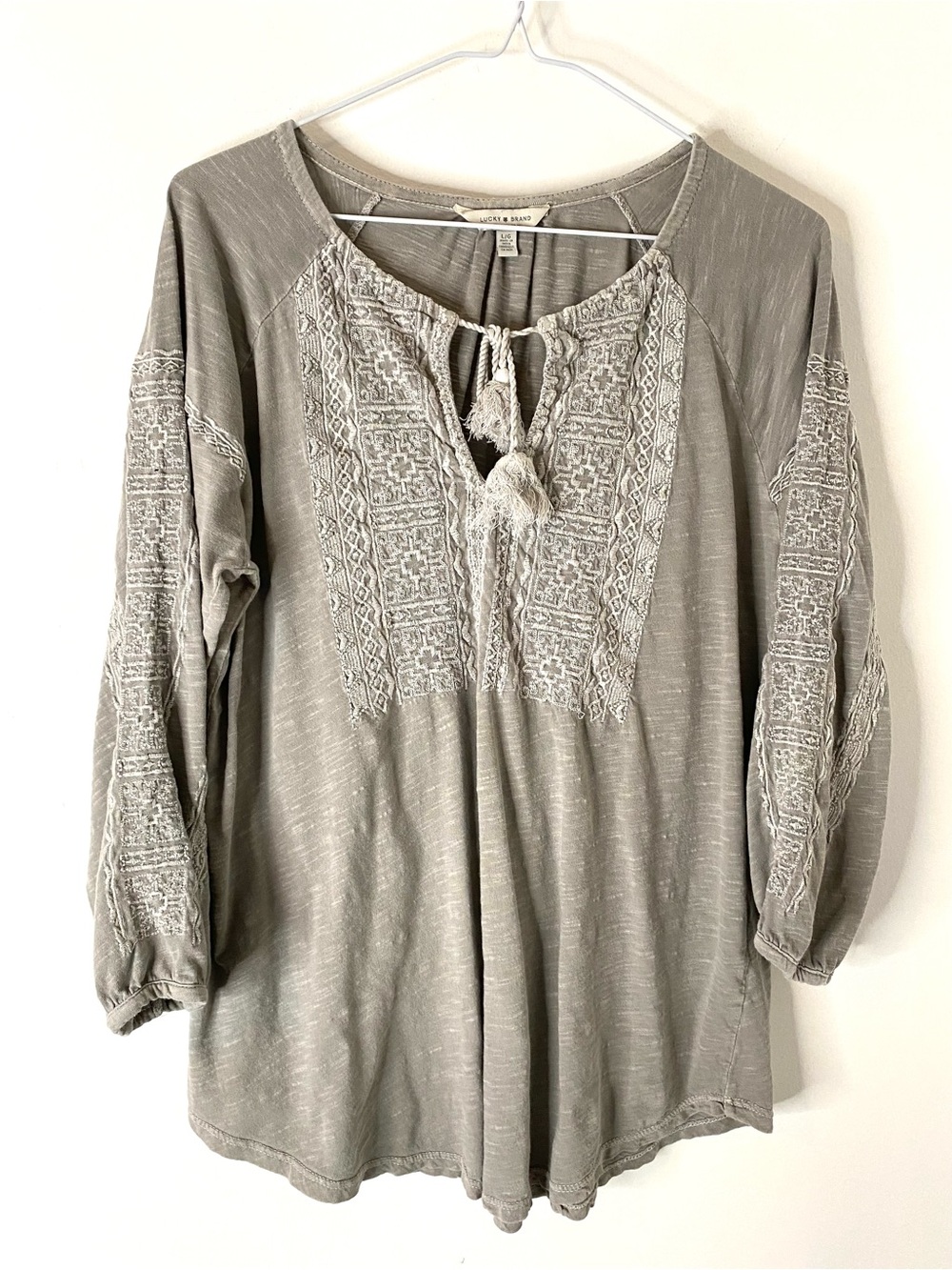 Lucky Brand Grey Embroidered Peasant Top Tassel Tie Boho 100% Cotton